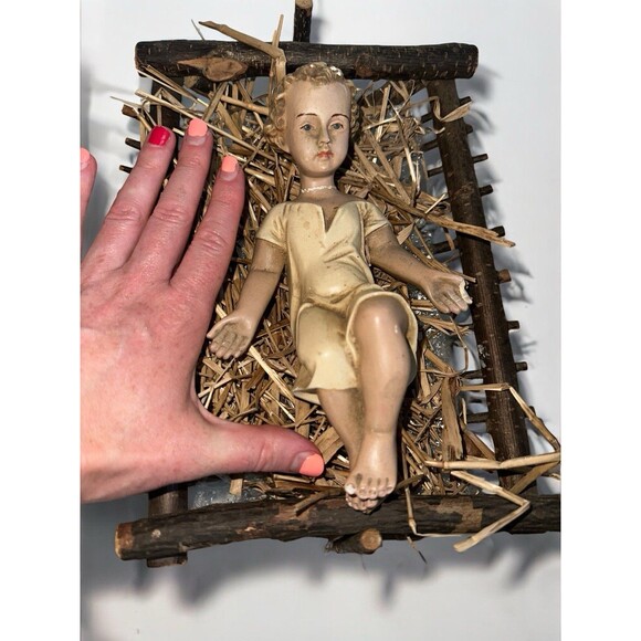 Antique Infant Jesus 1900s Real Wood Manger Nativity Baby Religious Decor - Picture 7 of 16